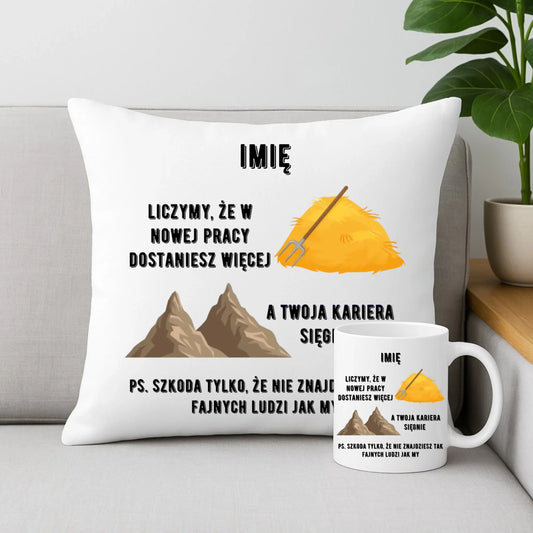 Zestaw poduszka i kubek na odejście z pracy - Nie znajdziesz tak fajnych ludzi jak my - personalizowany OP04 - StoryCups.pl