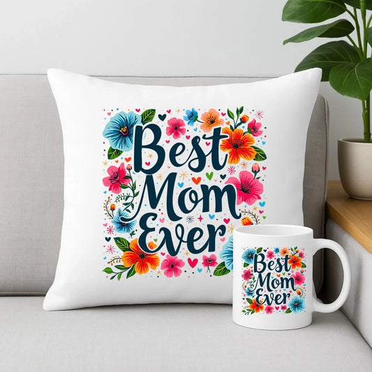 Zestaw poduszka i kubek dla mamy - Kwiaty - Best mom ever DM34 - StoryCups.pl