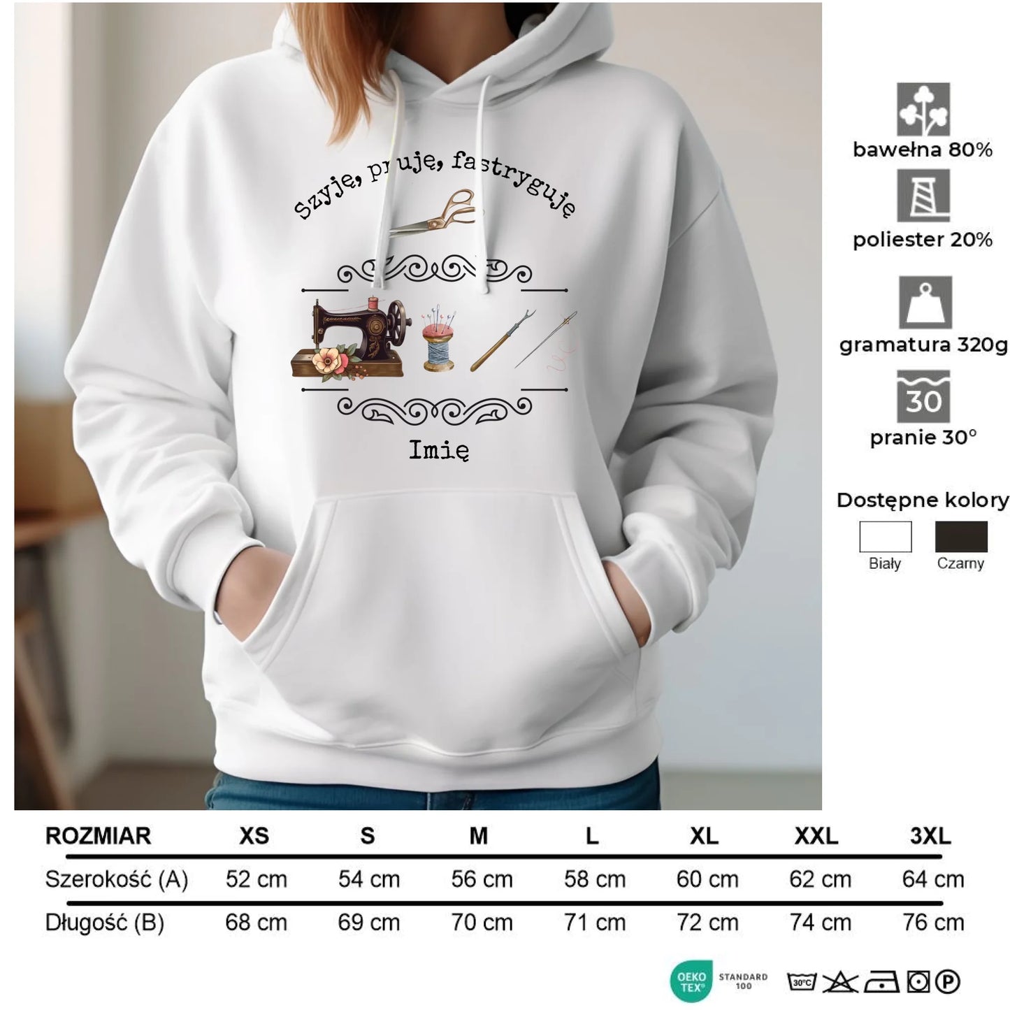 Bluza damska z kapturem szyciowa dla krawcowej - Gdy szyję czuję, że żyję HS12 copy - StoryCups.pl