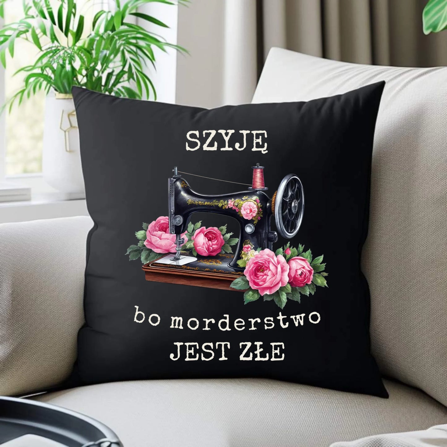 Poduszka dekoracyjna szyciowa dla krawcowej - Szyję, bo morderstwo jest złe HS14 - StoryCups.pl