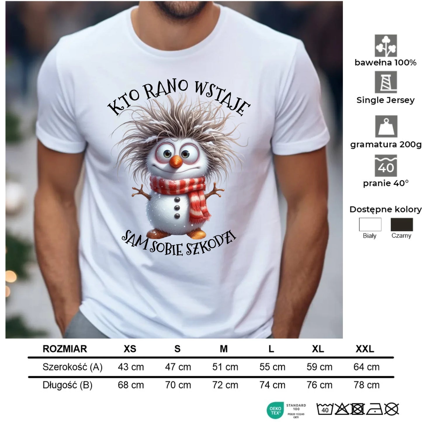 Koszulka męska świąteczna - Bałwanek - Kto rano wstaje sam sobie szkodzi BN133 - StoryCups.pl