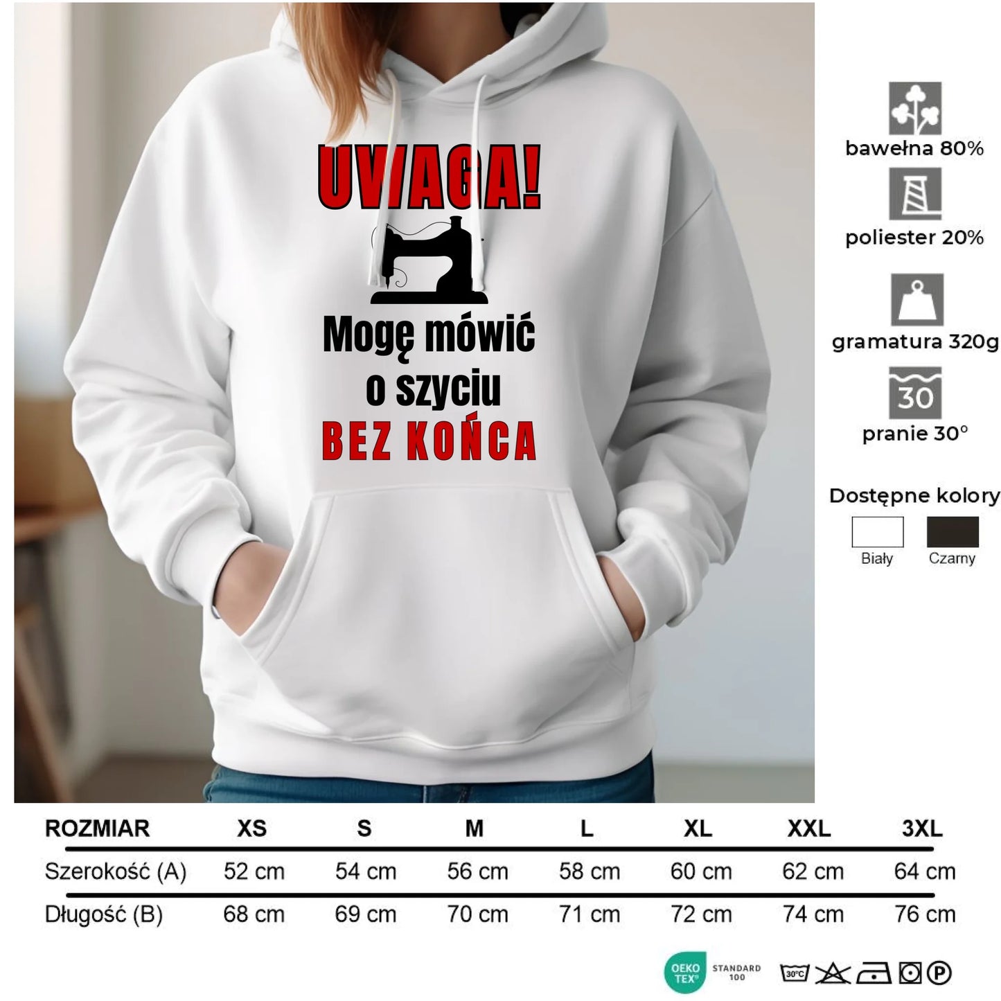 Bluza damska z kapturem szyciowa dla krawcowej - Mówić o szyciu bez końca HS19 - StoryCups.pl