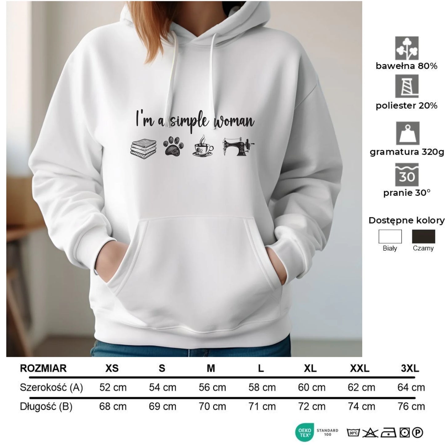 Bluza damska z kapturem szyciowa dla krawcowej - I'm a simple woman HS20 - StoryCups.pl