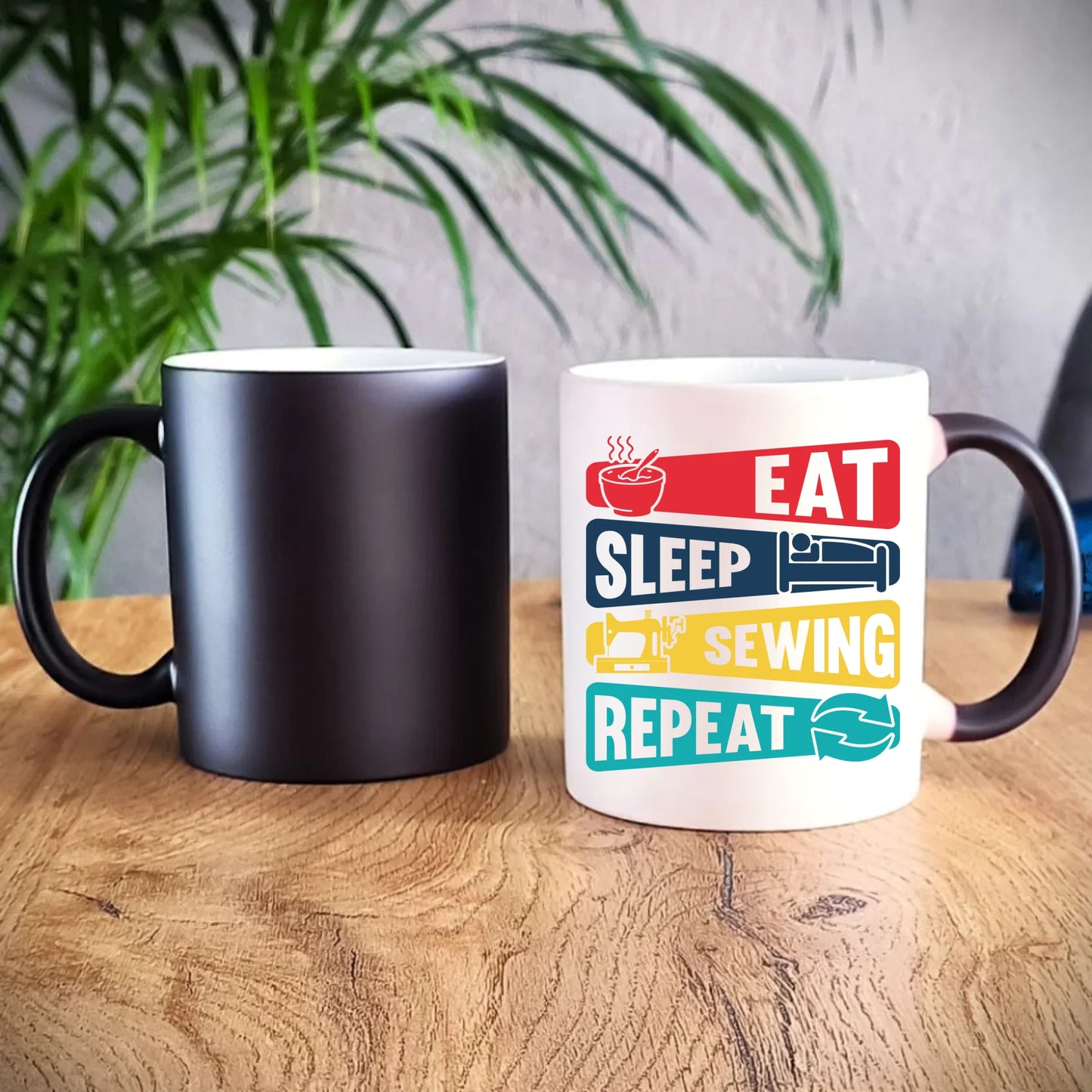 Kubek magiczny szyciowy dla krawcowej - Eat sleep sewing repeat HS21 - StoryCups.pl