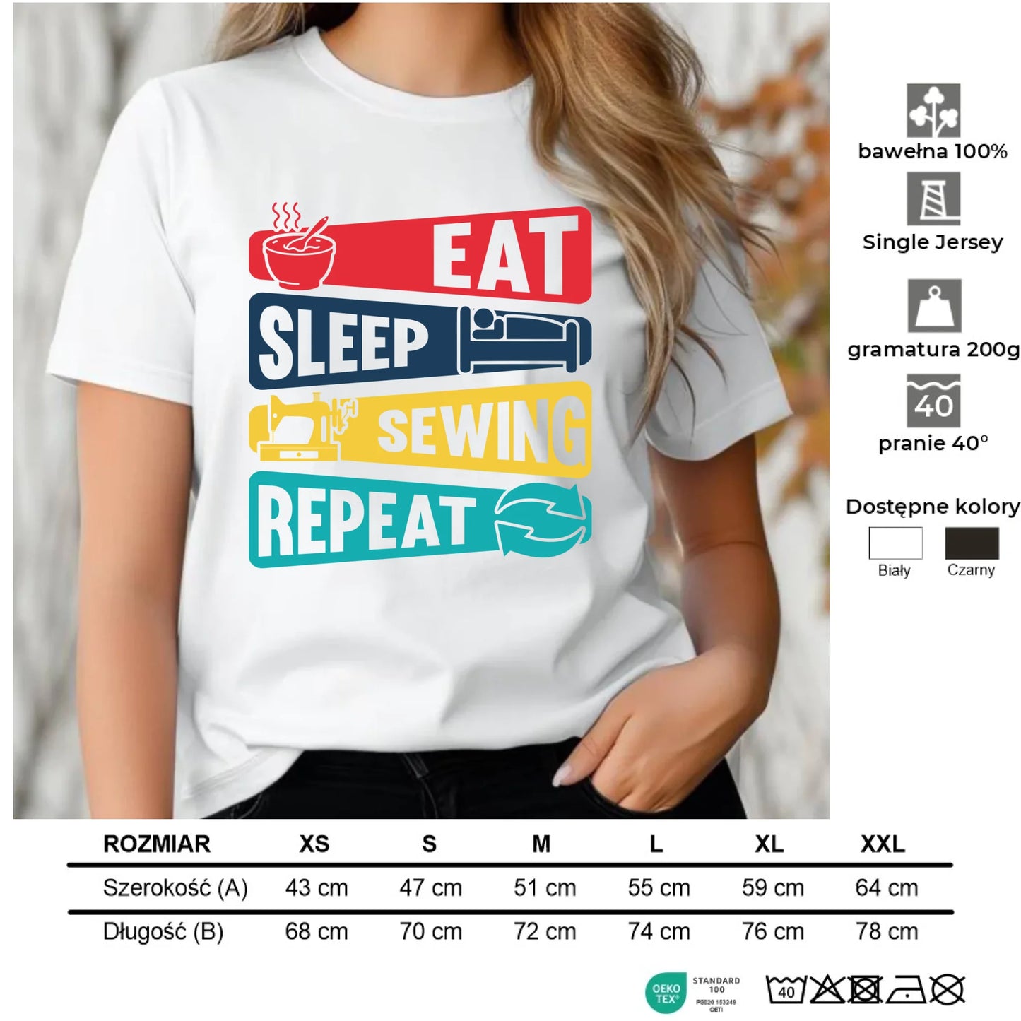 Koszulka damska szyciowa dla krawcowej - Eat sleep sewing repeat HS21 - StoryCups.pl