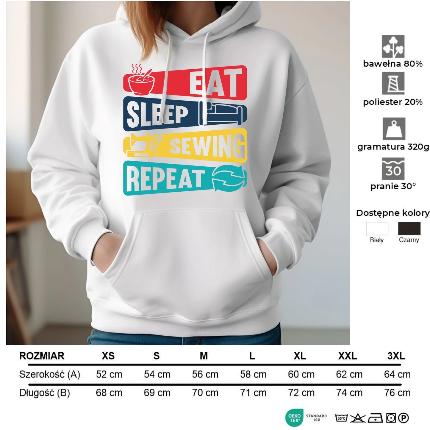 Bluza damska z kapturem szyciowa dla krawcowej - Eat sleep sewing repeat HS21 - StoryCups.pl