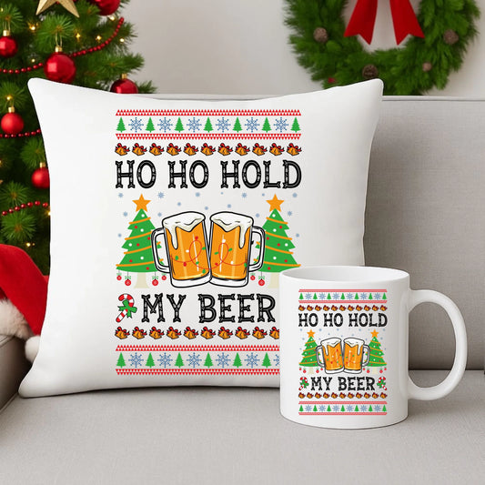 Zestaw poduszka i kubek świąteczny - Ho ho hold my beer BN131 - StoryCups.pl
