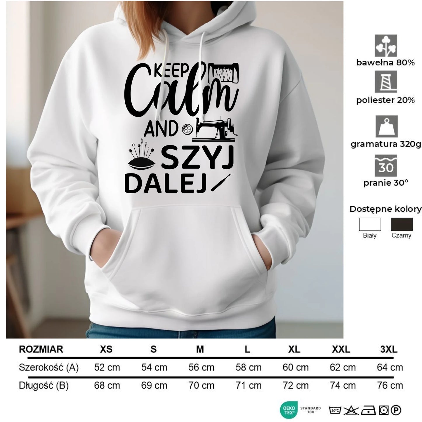 Bluza damska z kapturem szyciowa dla krawcowej - KEEP CALM and SZYJ DALEJ HS31 - StoryCups.pl