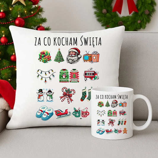 Zestaw poduszka i kubek świąteczny - Za co kocham święta BN130 - StoryCups.pl
