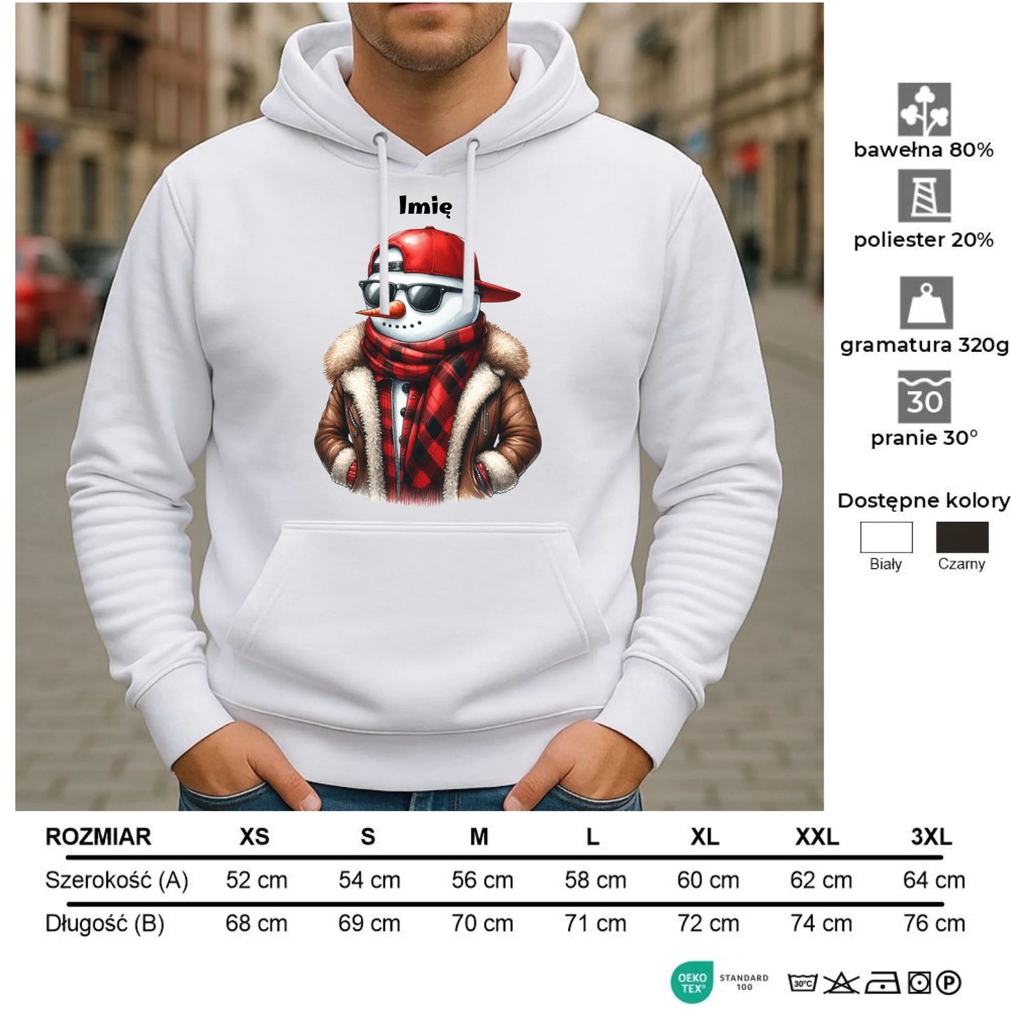 Bluza męska z kapturem świąteczna - Stylowy bałwan - personalizowana BN129 - StoryCups.pl