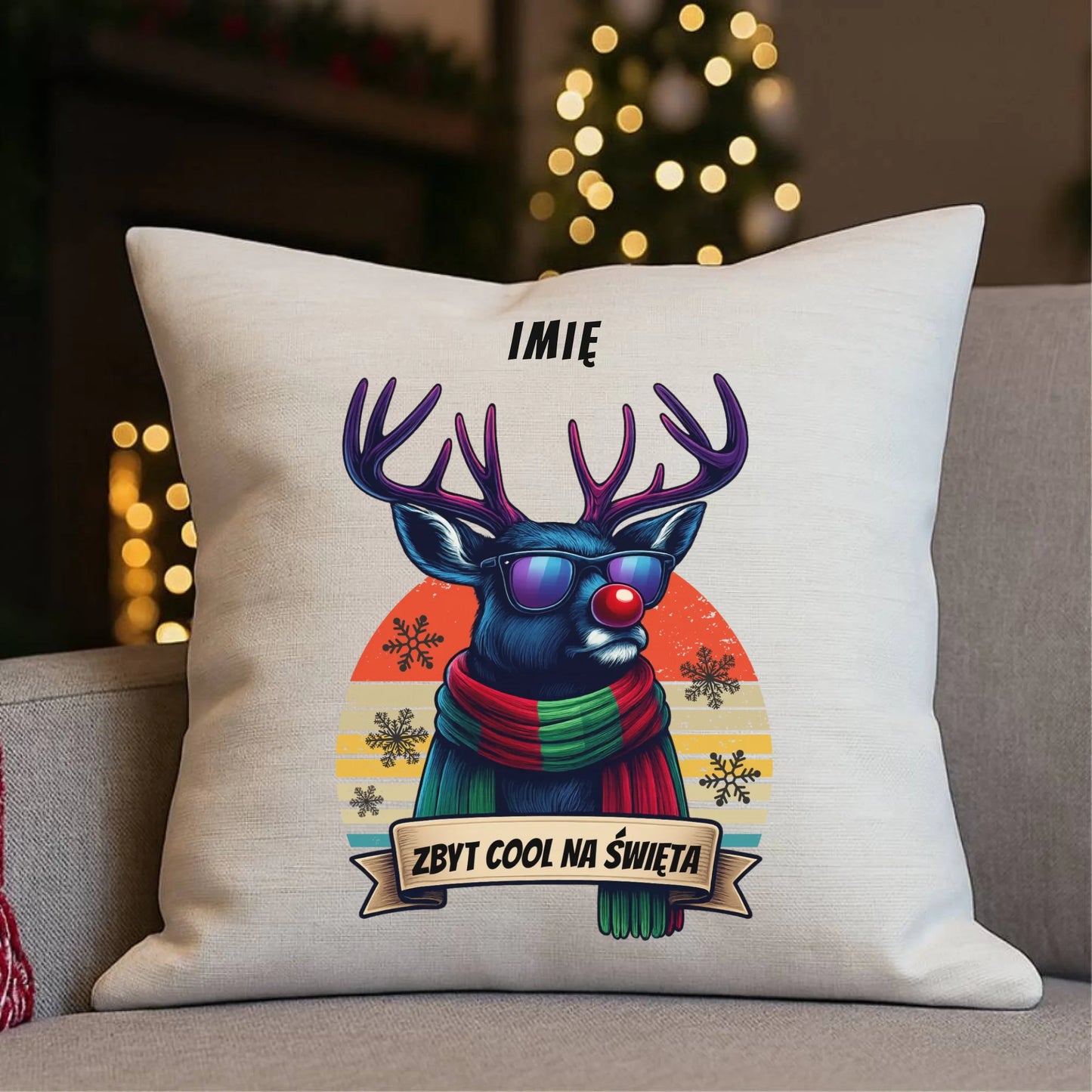 Poduszka świąteczna z reniferem - Zbyt cool na święta - personalizowana BN128 - StoryCups.pl