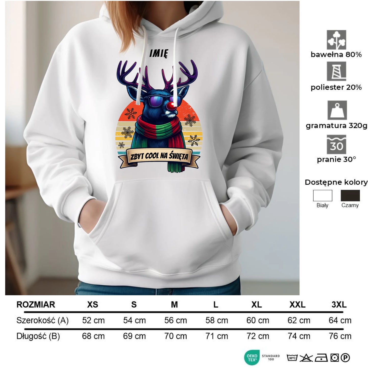 Bluza damska z kapturem świąteczna z reniferem - Zbyt cool na święta - personalizowana BN128 - StoryCups.pl