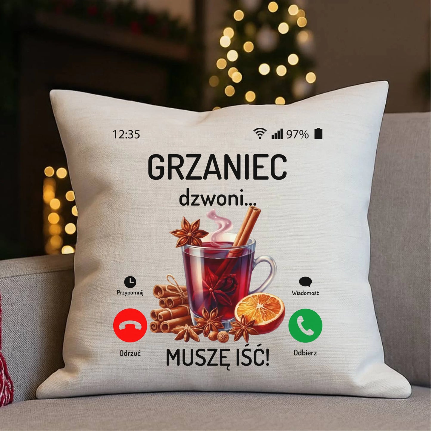 Poduszka świąteczna - Grzaniec dzwoni, muszę iść BN127 - StoryCups.pl