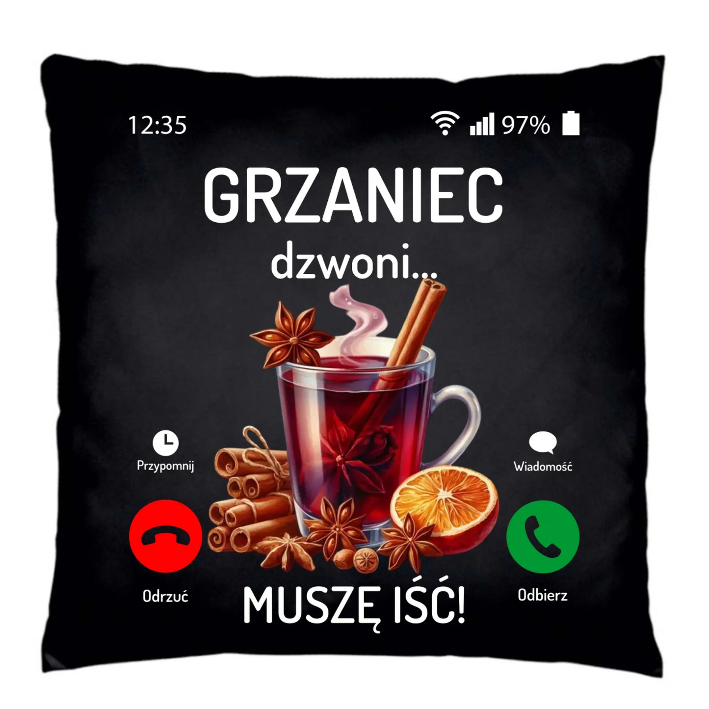 Poduszka dekoracyjna świąteczna - Grzaniec dzwoni, muszę iść BN127 - StoryCups.pl