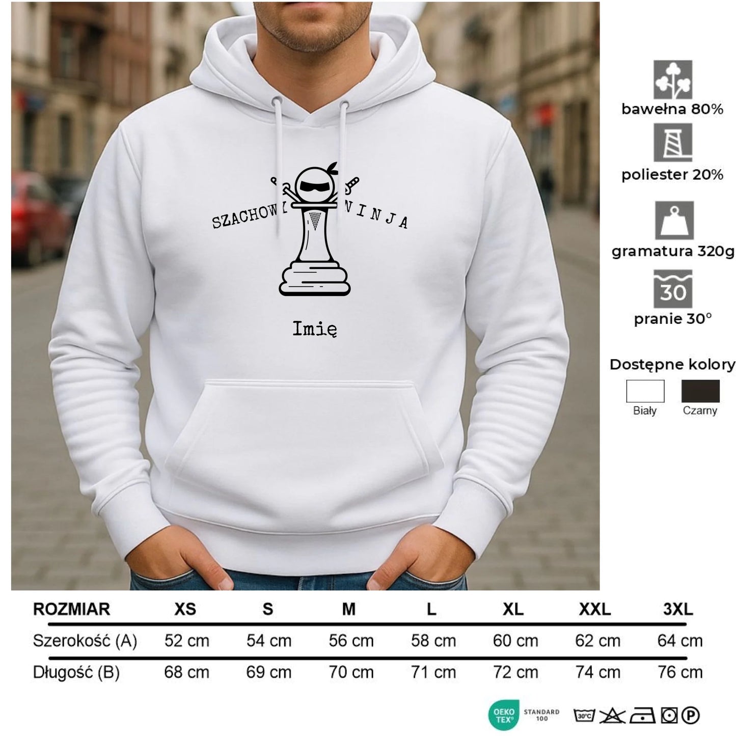Bluza męska z kapturem dla szachisty - Szachowy ninja - personalizowana HSZ01 - StoryCups.pl