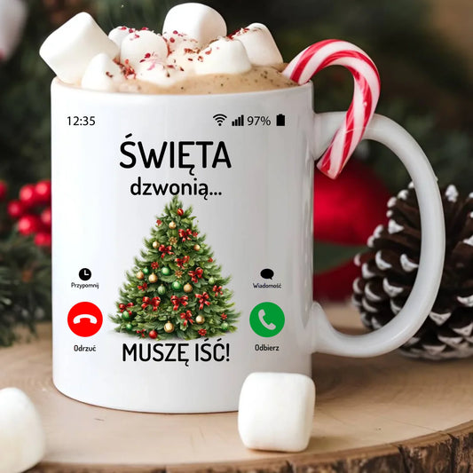Kubek świąteczny - Choinka Święta dzwonią muszę iść BN124 - StoryCups.pl