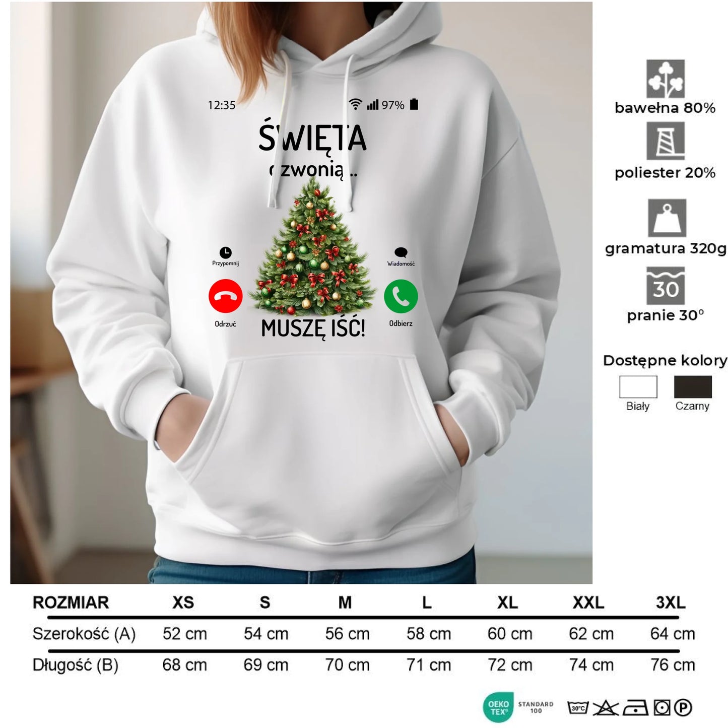 Bluza damska z kapturem świąteczna - Choinka Święta dzwonią muszę iść BN124 - StoryCups.pl