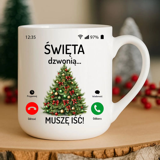 Kubek elegant świąteczny - Choinka Święta dzwonią muszę iść BN124 - StoryCups.pl