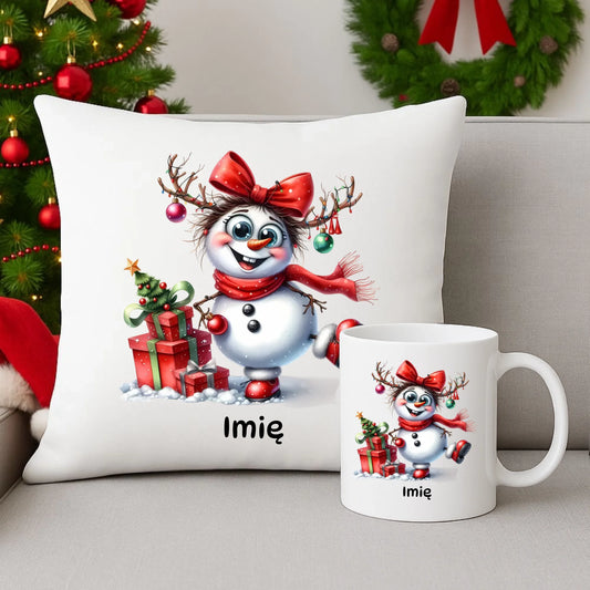 Zestaw poduszka i kubek świąteczny dla niej - Bałwanek - personalizowany BN123 - StoryCups.pl