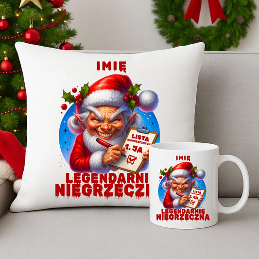 Zestaw poduszka i kubek świąteczny - Legendarnie niegrzeczna - personalizowany BN122 - StoryCups.pl