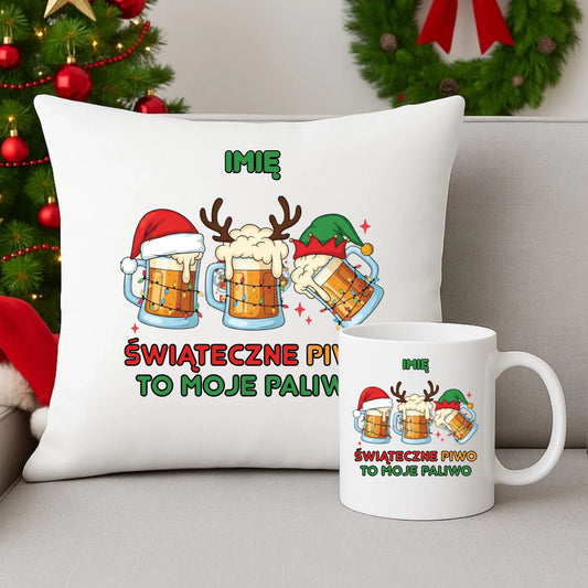 Zestaw poduszka i kubek świąteczny - Świąteczne piwo to moje paliwo - personalizowany BN119 - StoryCups.pl