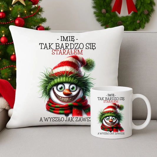 Zestaw poduszka i kubek świąteczny z bałwanem - Tak bardzo się starałem - personalizowany BN120 - StoryCups.pl