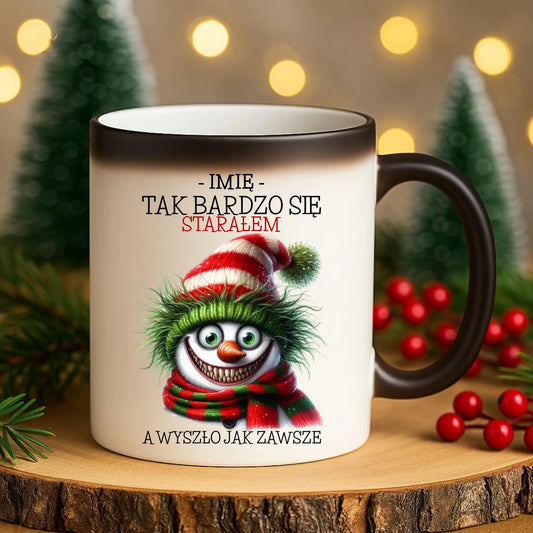 Kubek magiczny świąteczny z bałwanem - Tak bardzo się starałem - personalizowany BN120 - StoryCups.pl