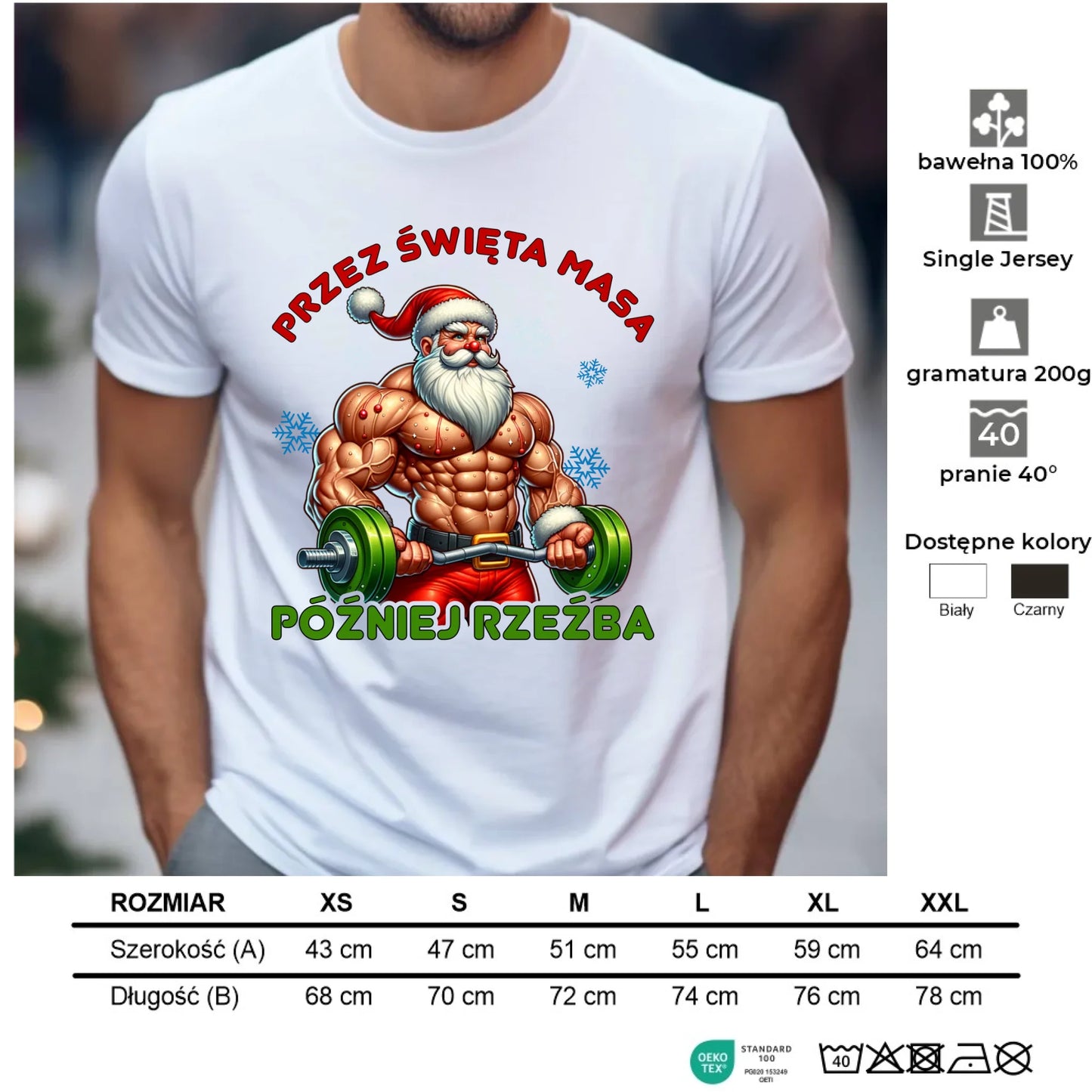 Koszulka męska świąteczna - Mikołaj na siłowni - Przez święta masa, później rzeźba BN139 - StoryCups.pl