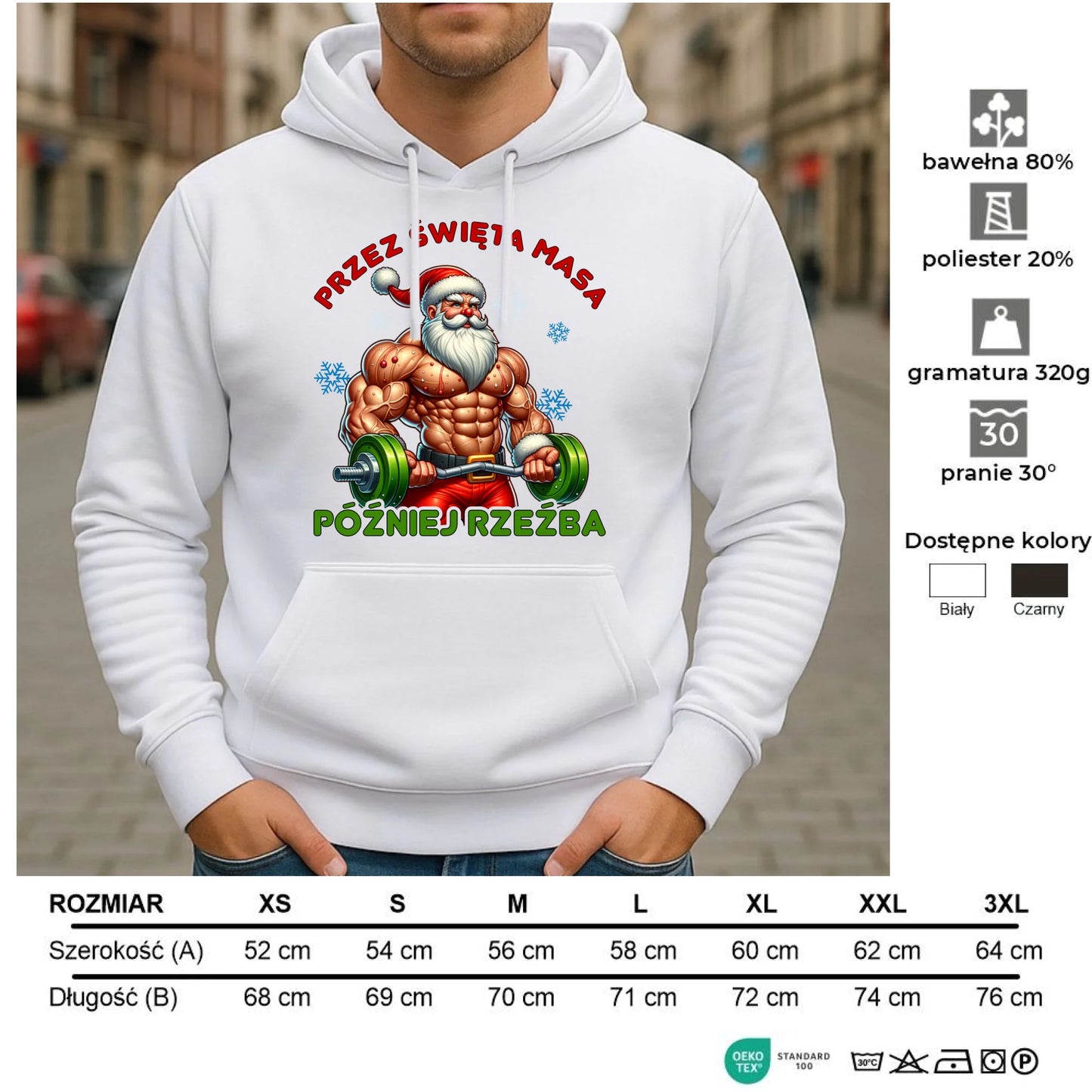 Bluza męska z kapturem świąteczna - Mikołaj na siłowni - Przez święta masa, później rzeźba BN139 - StoryCups.pl