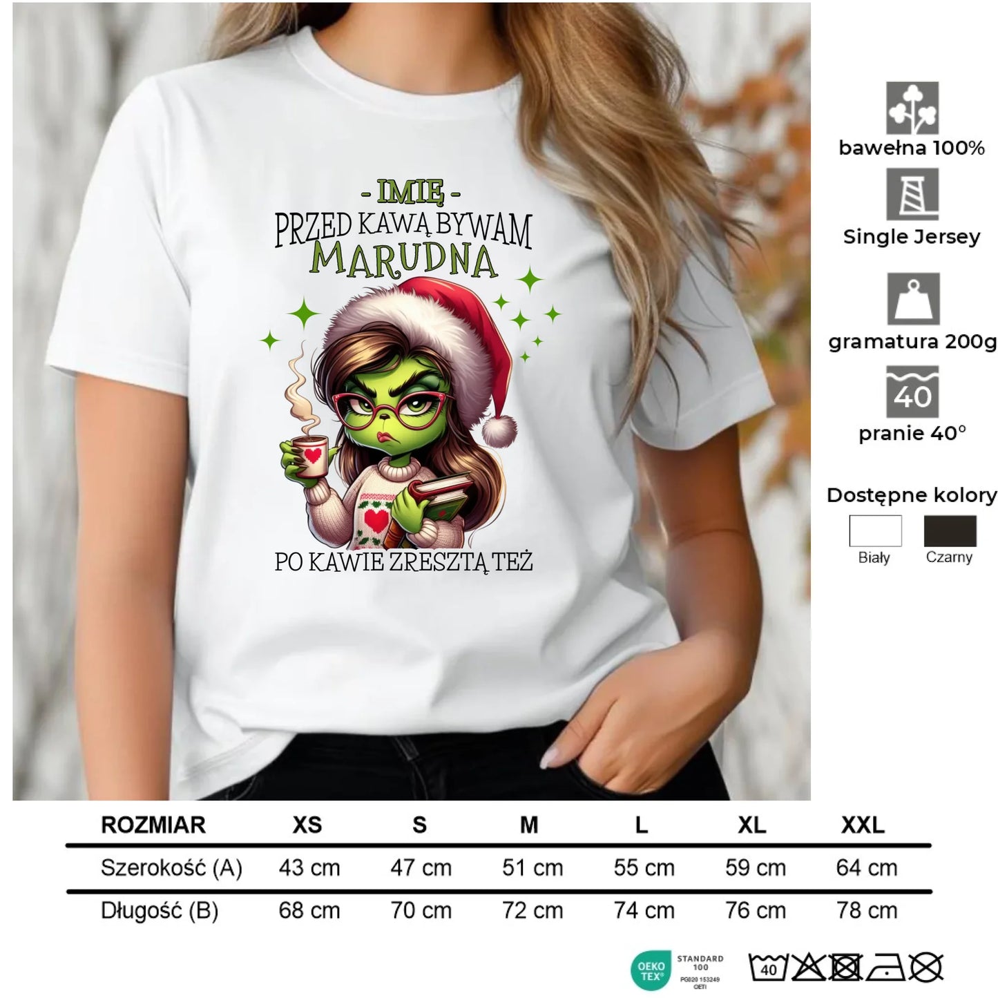 Koszulka damska świąteczna - Grinch - Przed kawą bywam marudna - personalizowana BN116 - StoryCups.pl