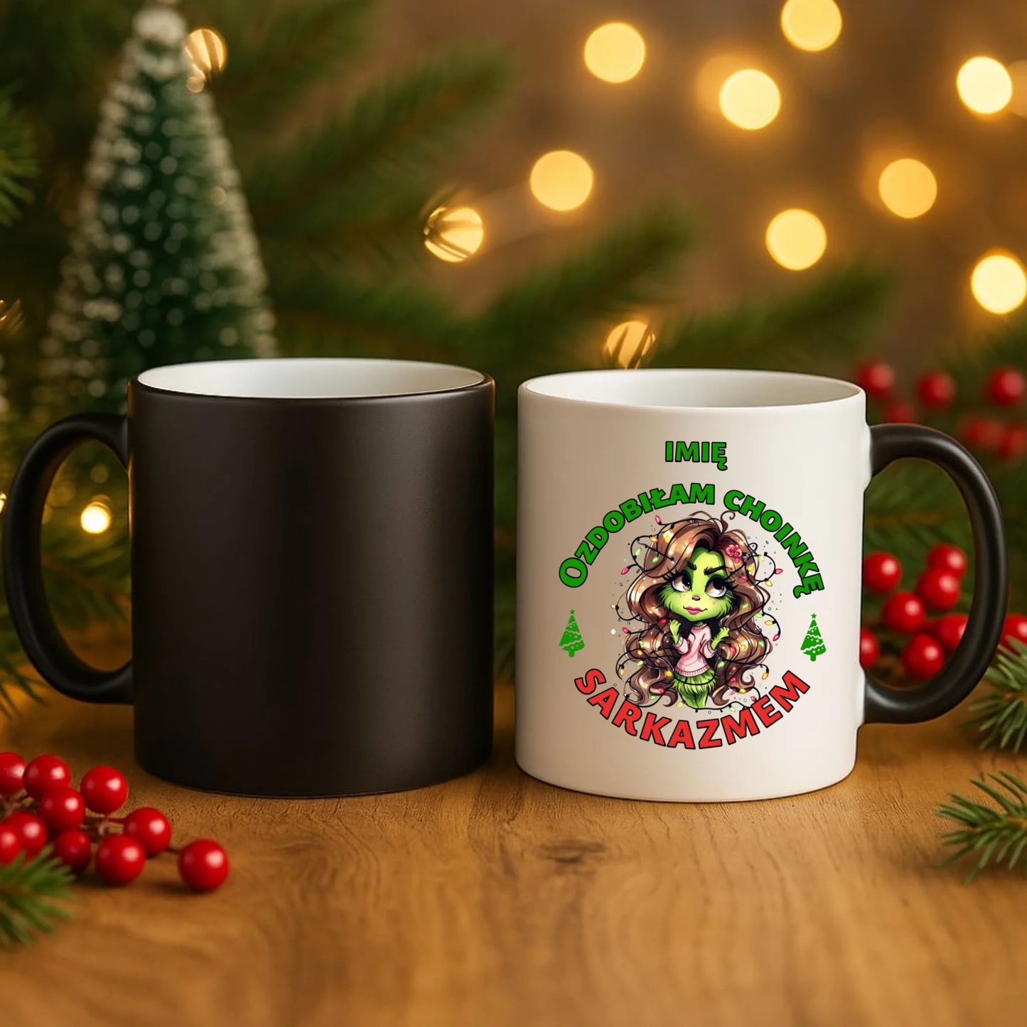 Kubek magiczny świąteczny - Grinch - Ozdobiłam choinkę sarkazmem - personalizowany BN115 - StoryCups.pl