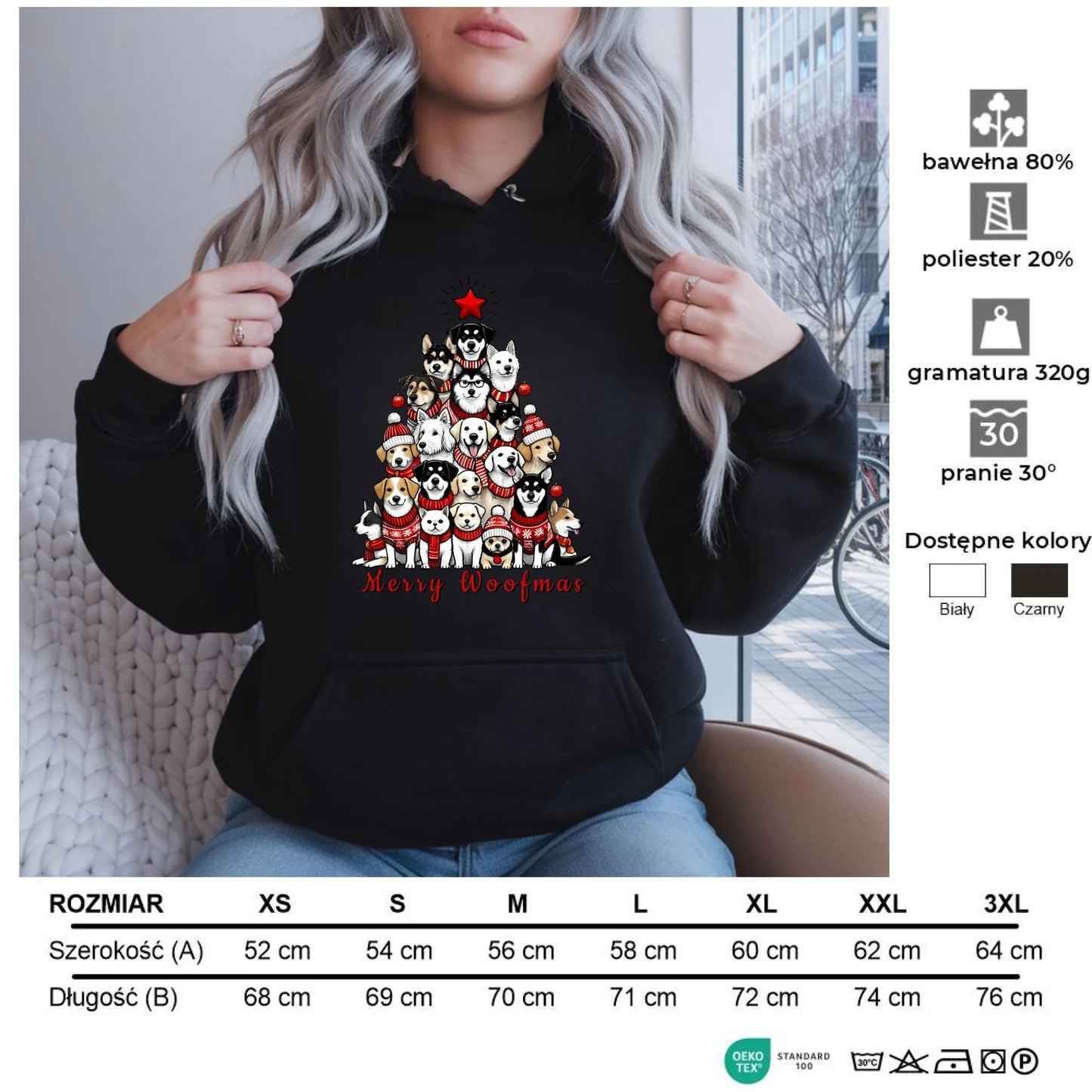 Merry woofmas | Świąteczna bluza damska z kapturem BN90 - StoryCups.pl