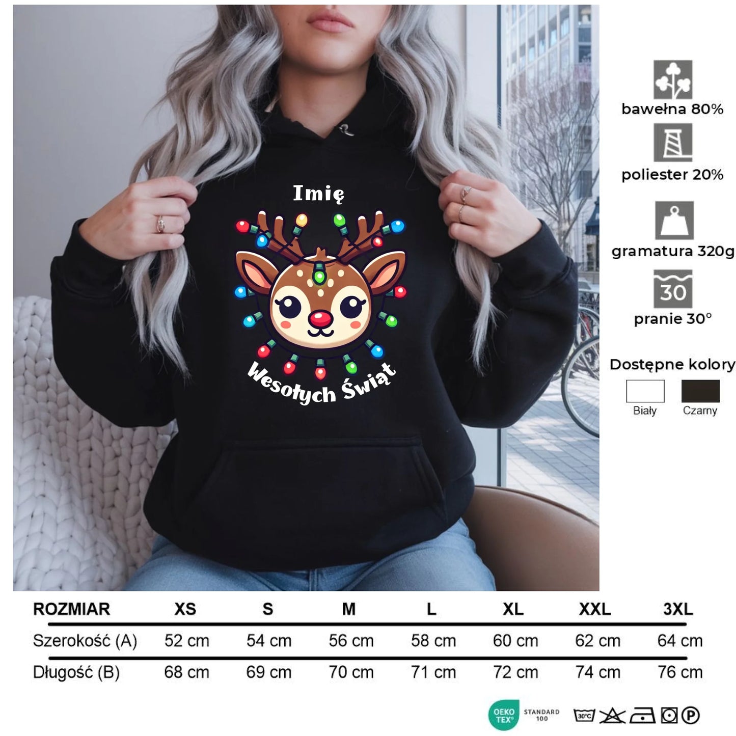 Renifer Wesołych Świąt | Personalizowana świąteczna bluza damska z kapturem BN72 - StoryCups.pl