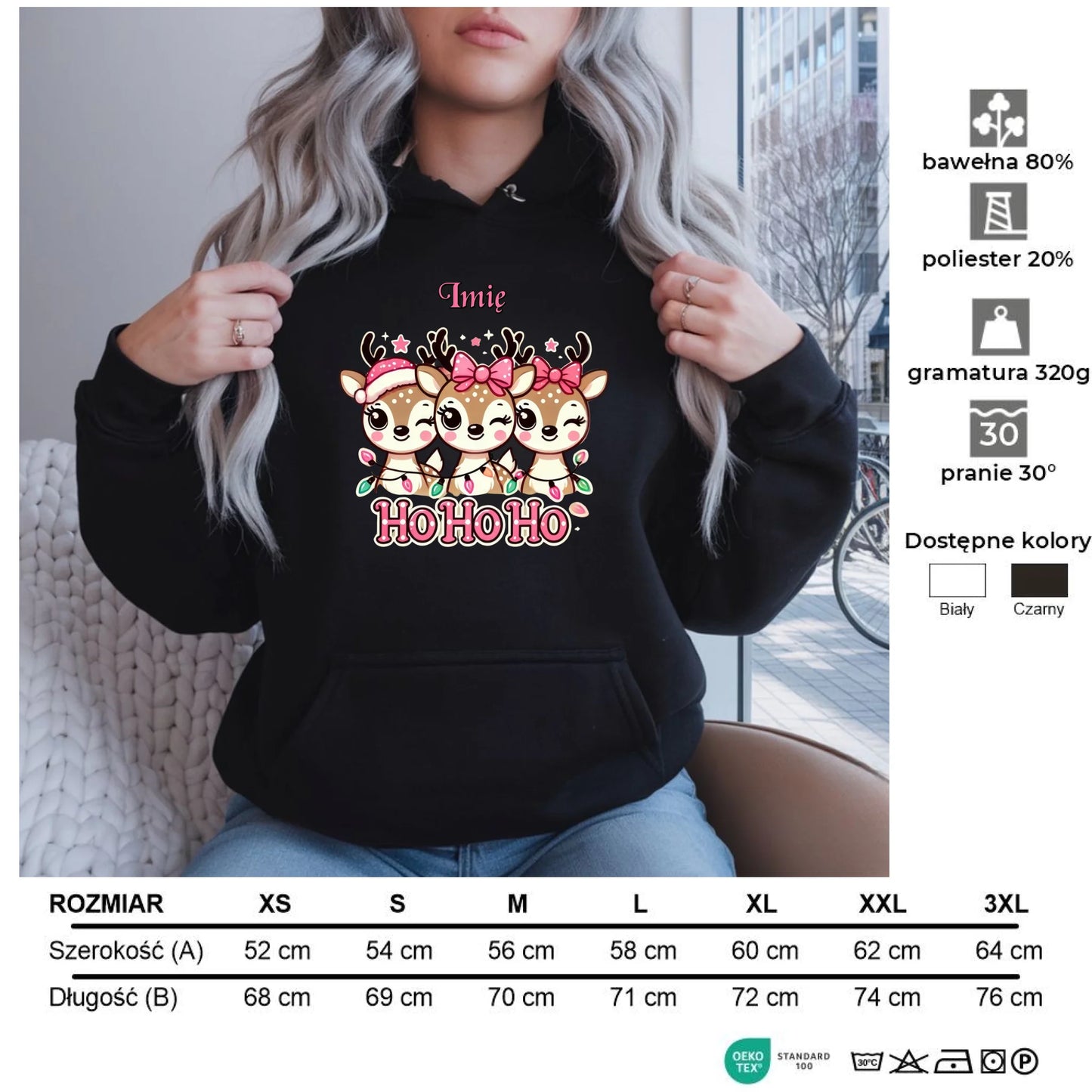 Ho ho ho reniferki | Świąteczna bluza damska z kapturem i personalizacją BN49 - StoryCups.pl