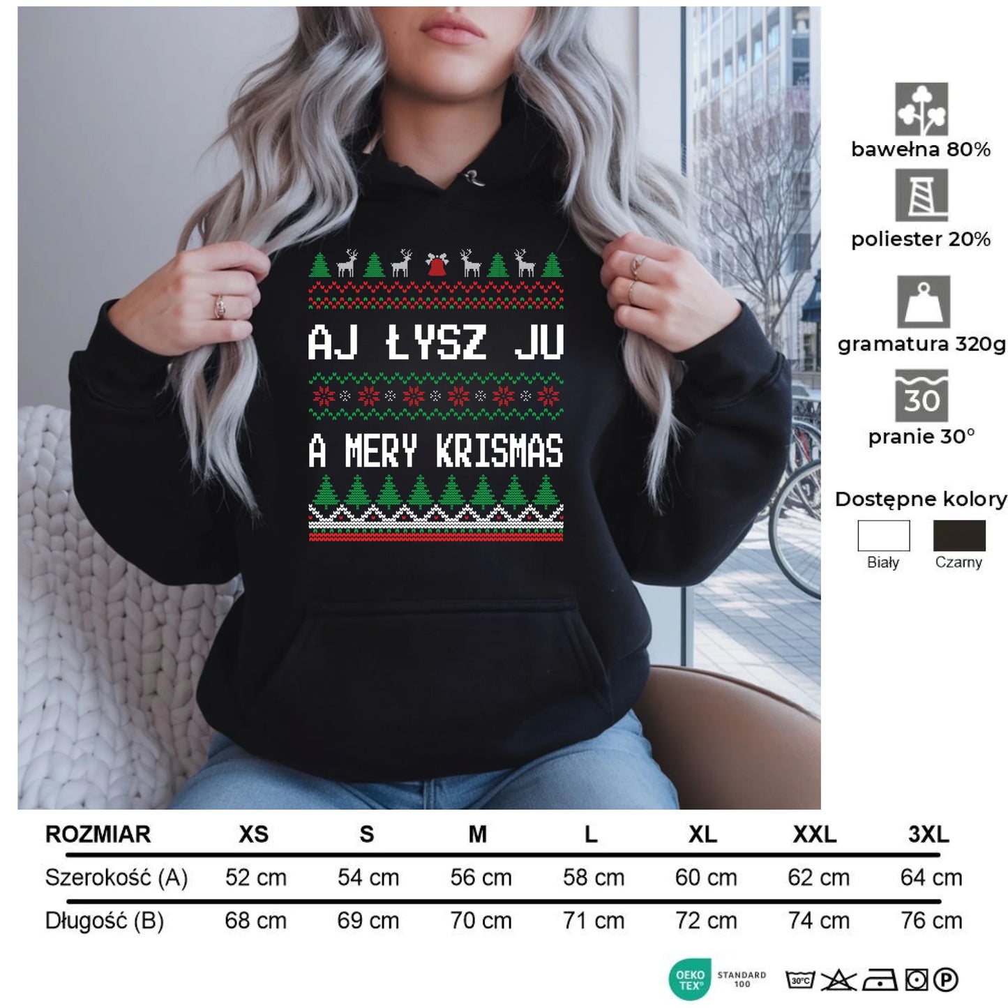 Aj łysz ju a mery krismas | Świąteczna bluza damska z kapturem BN12 - StoryCups.pl