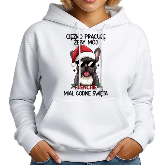 Bluza damska świąteczna - Buldożek Francuski - Ciężko pracuję, żeby mój frenchie miał godne święta BN109 - StoryCups.pl