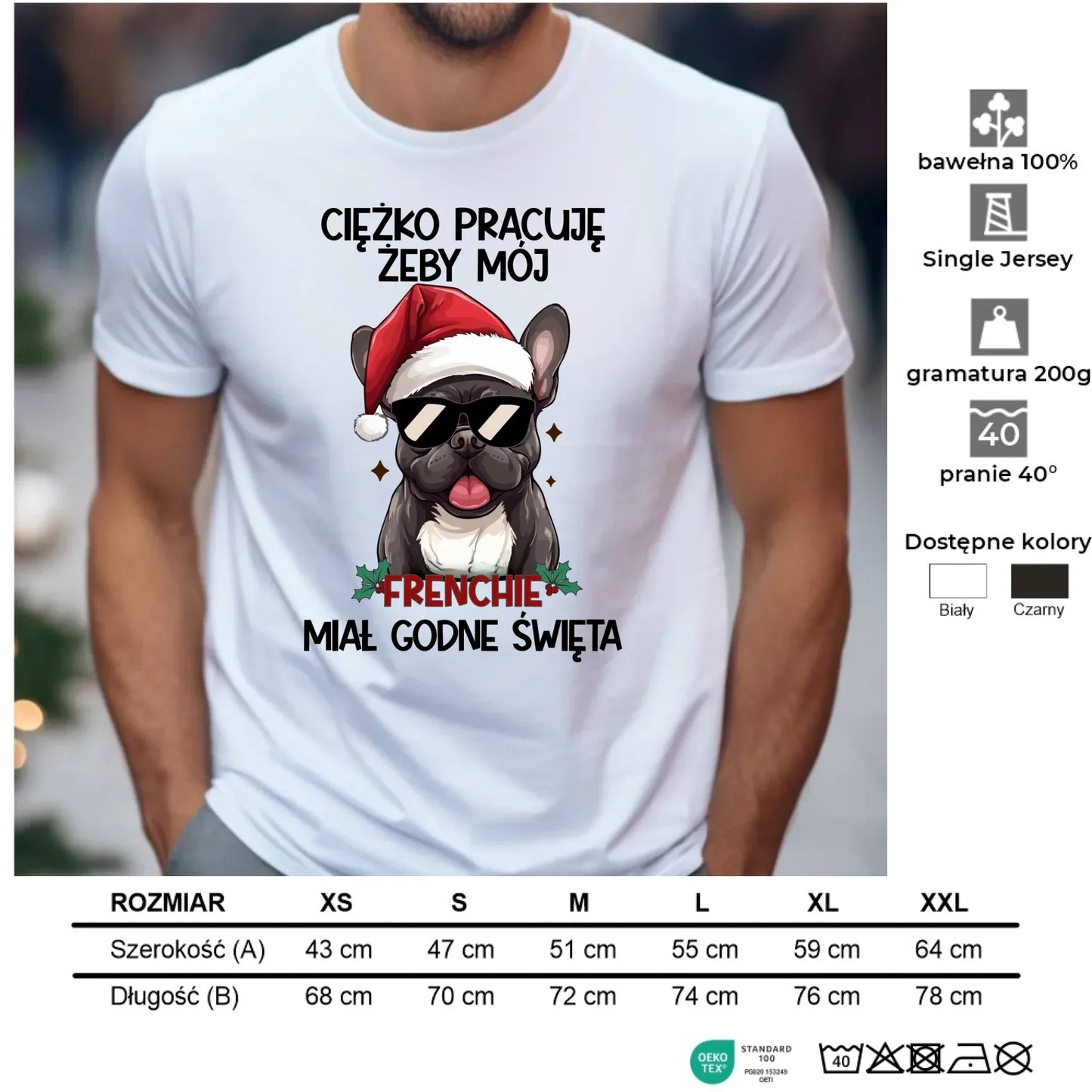 Koszulka męska świąteczna - Buldożek Francuski - Ciężko pracuję, żeby mój frenchie miał godne święta BN109 - StoryCups.pl