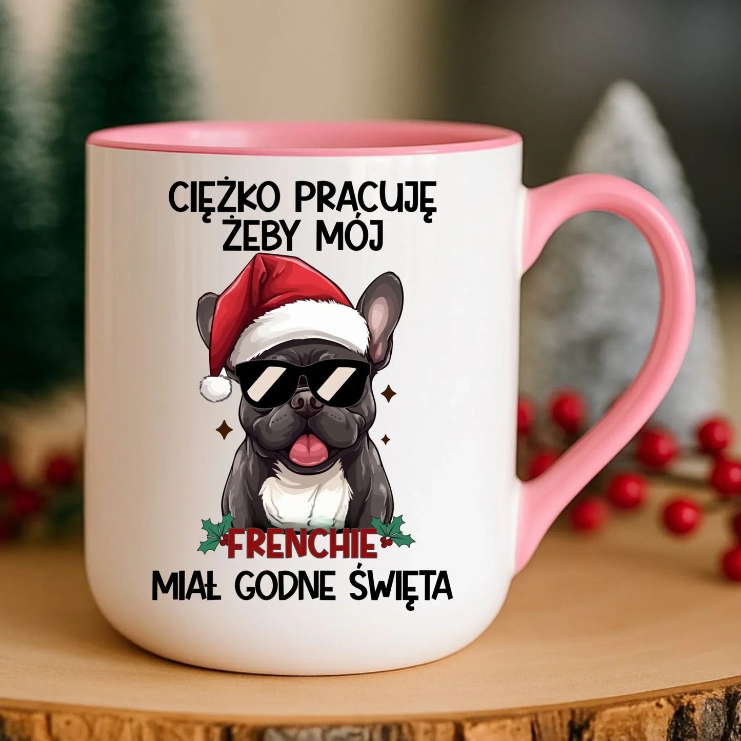Kubek elegant świąteczny - Buldożek Francuski - Ciężko pracuję, żeby mój frenchie miał godne święta BN109 - StoryCups.pl