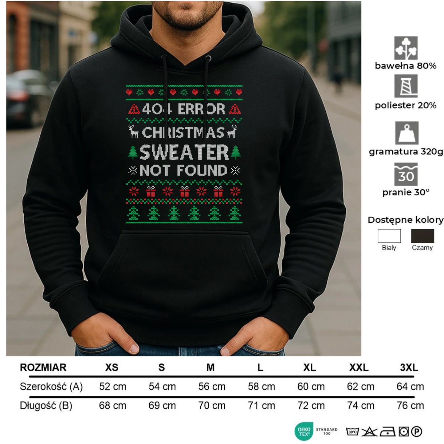 Bluza męska z kapturem świąteczna - Error 404 Christmas sweater not found BN107 - StoryCups.pl