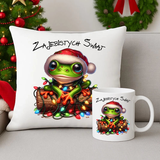 Zestaw poduszka i kubek świąteczny - Żaba - Żajebistych Świąt BN106 - StoryCups.pl