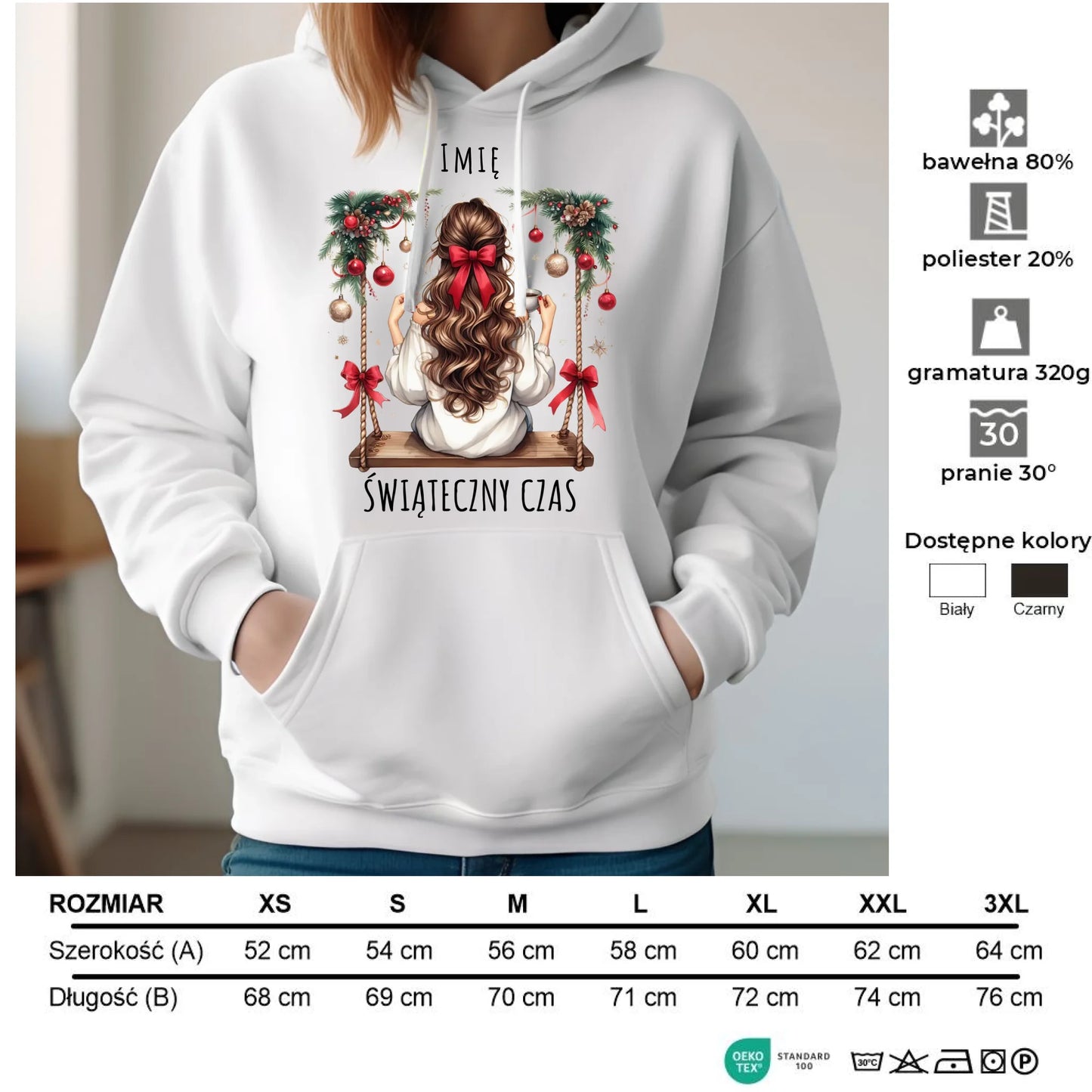 Bluza damska z kapturem świąteczna - Dziewczyna na huśtawce - Świąteczny czas - personalizowana BN105 - StoryCups.pl