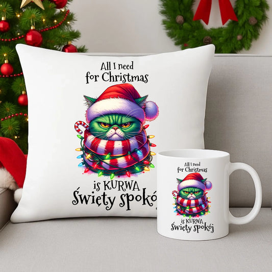 Zestaw poduszka i kubek świąteczny - All I need for Christmas is ku*wa święty spokój - bez cenzury BN101 - StoryCups.pl