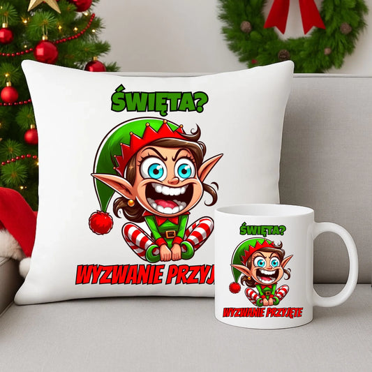 Zestaw poduszka i kubek świąteczny - Skrzat Wyzwanie przyjęte BN100 - StoryCups.pl