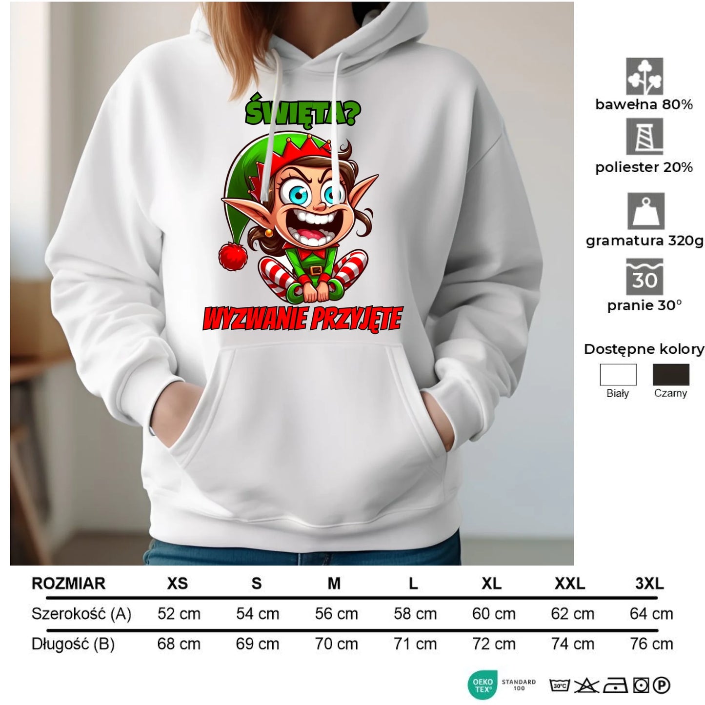 Bluza damska z kapturem świąteczna - Skrzat Wyzwanie przyjęte BN100