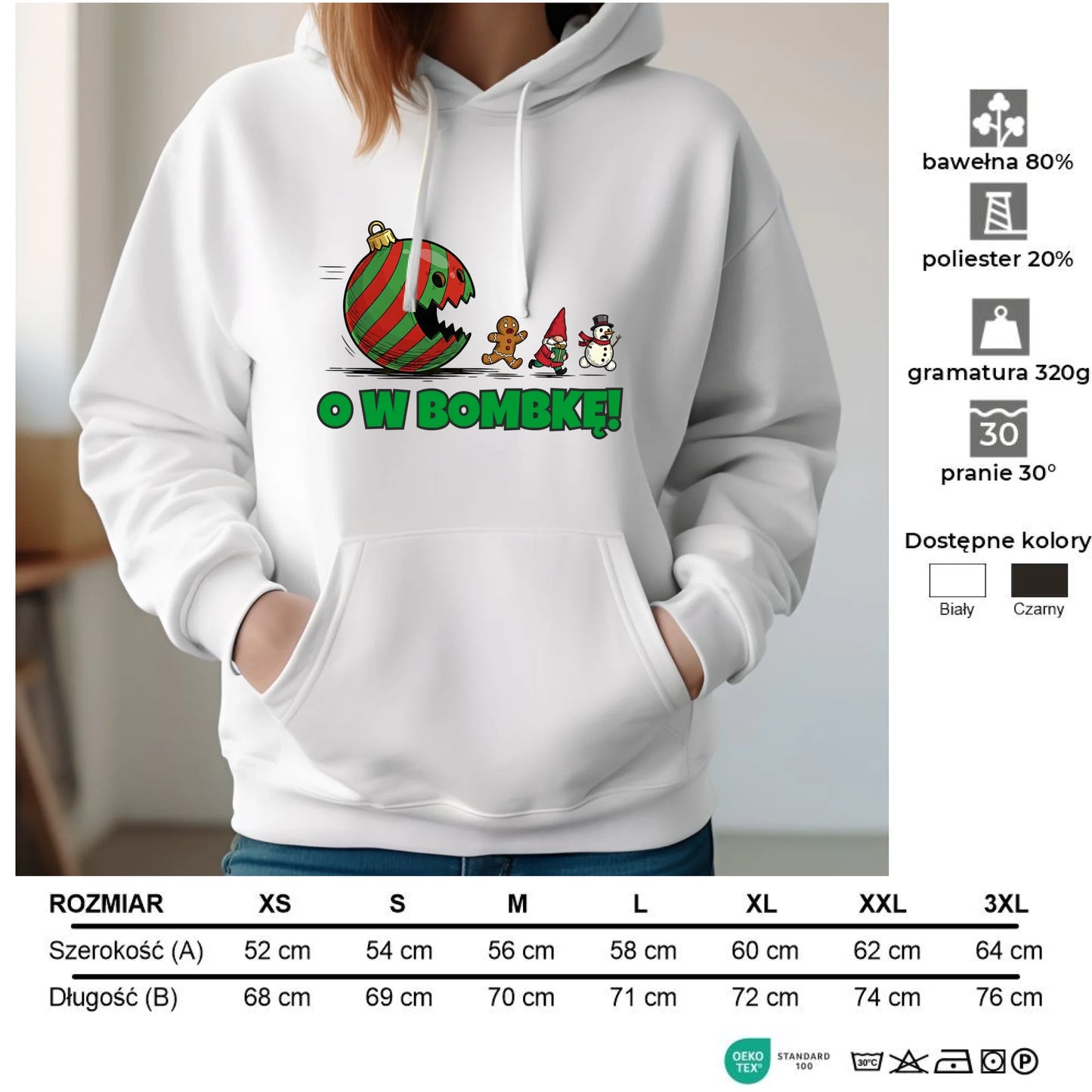 Bluza damska z kapturem świąteczna - O w bombkę BN142
