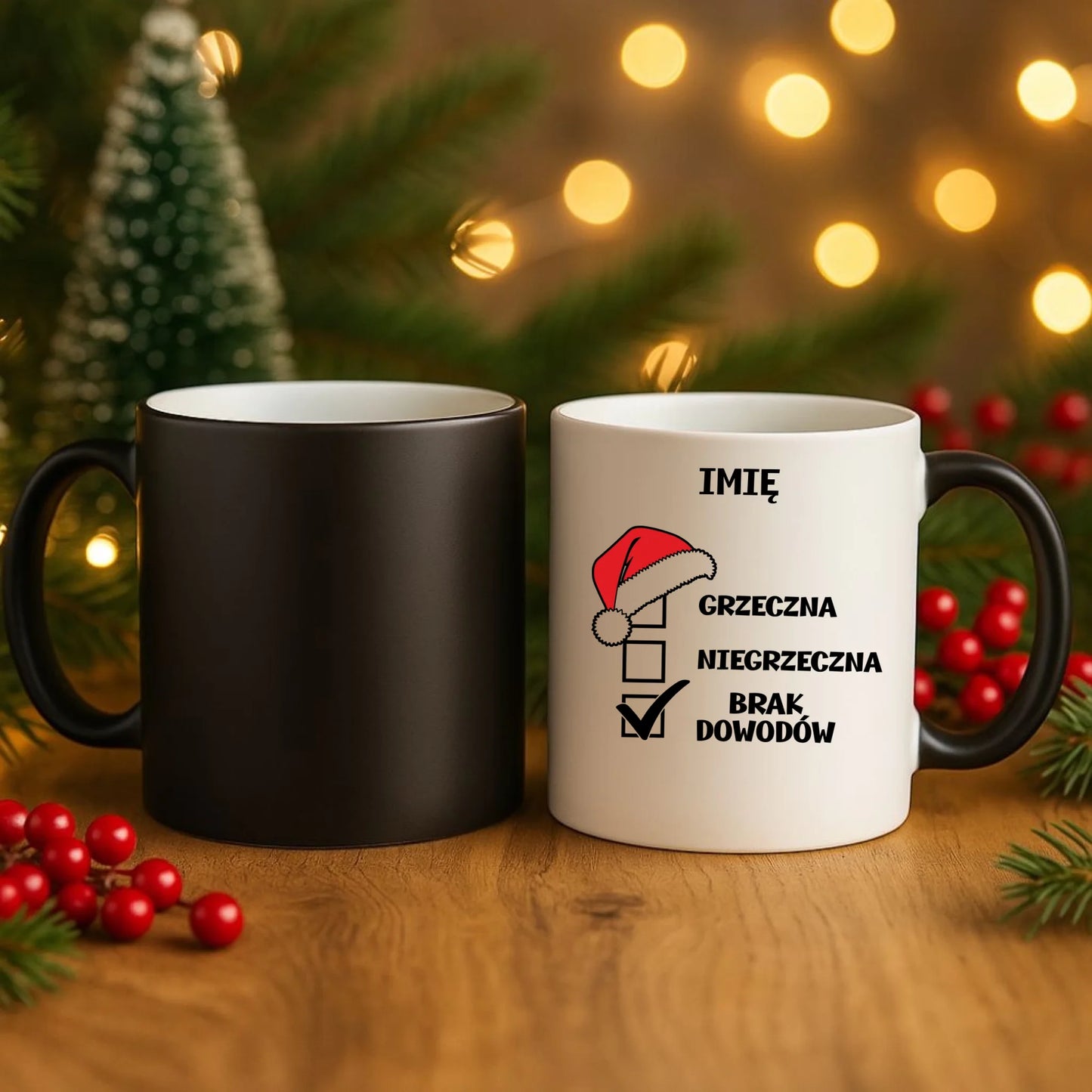 Kubek magiczny świąteczny - Grzeczna niegrzeczna brak dowodów - personalizowany BN147