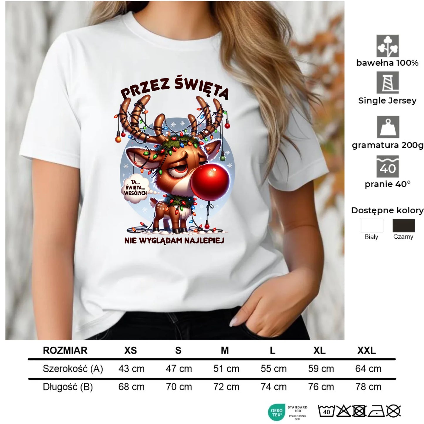 Koszulka damska świąteczna - Renifer Przez święta nie wyglądam najlepiej BN98 - StoryCups.pl