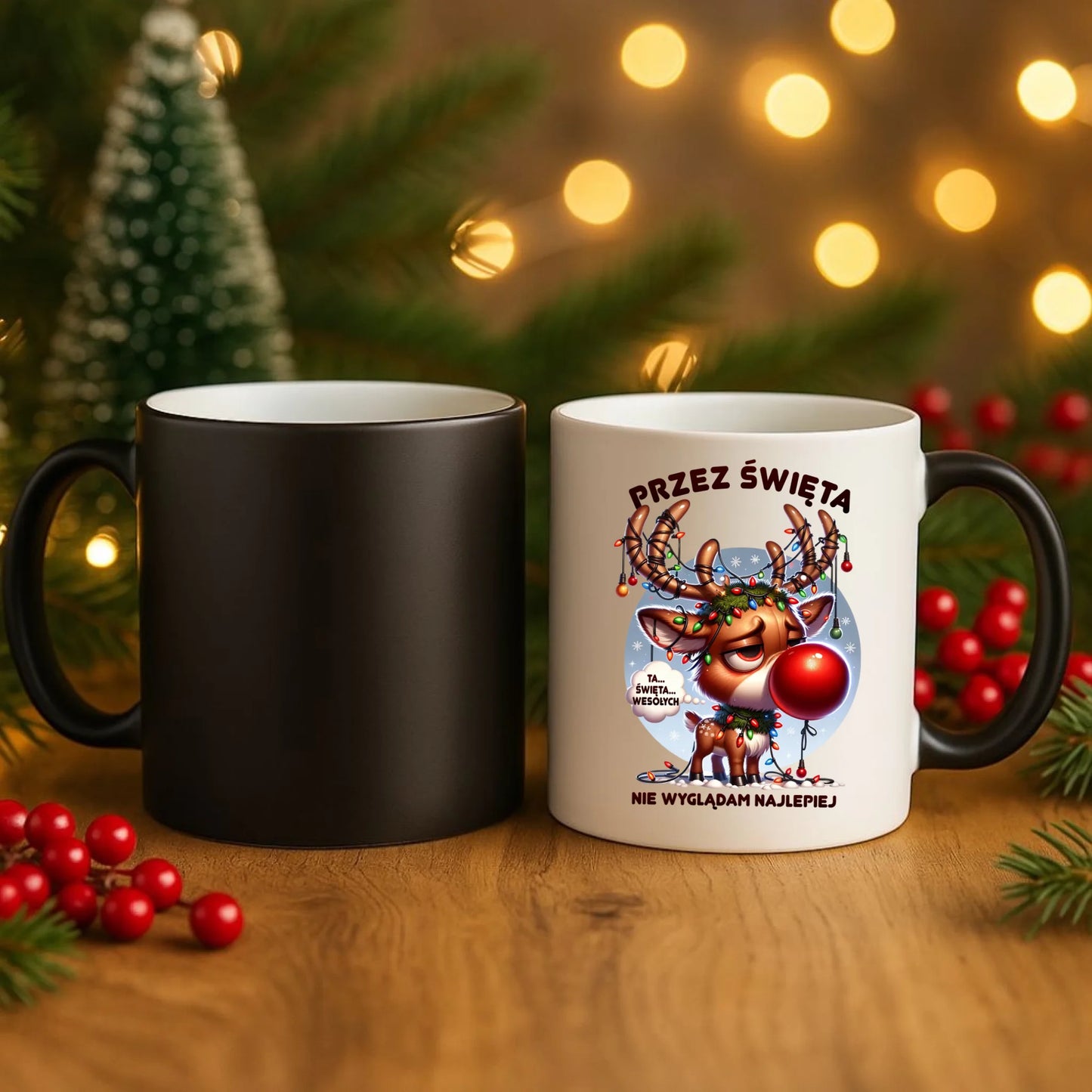 Kubek magiczny świąteczny - Renifer Przez święta nie wyglądam najlepiej BN98 - StoryCups.pl