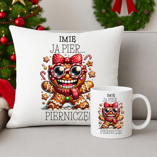 Zestaw świąteczny poduszka i kubek świąteczny - Babeczka Ja pierniczę - personalizowany BN95