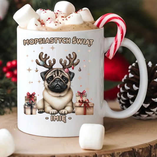 Kubek świąteczny - Mops Mopsiastych świąt - personalizowany BN91 - StoryCups.pl